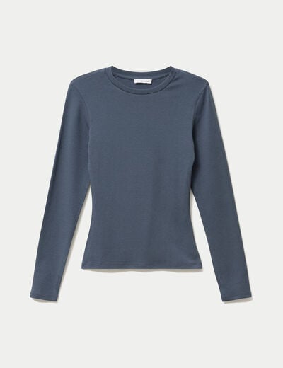 T-shirt cintr&eacute; col rond manches longues gris femme