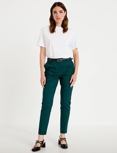Pantalon cigarette ceintur&eacute; vert fonc&eacute; femme