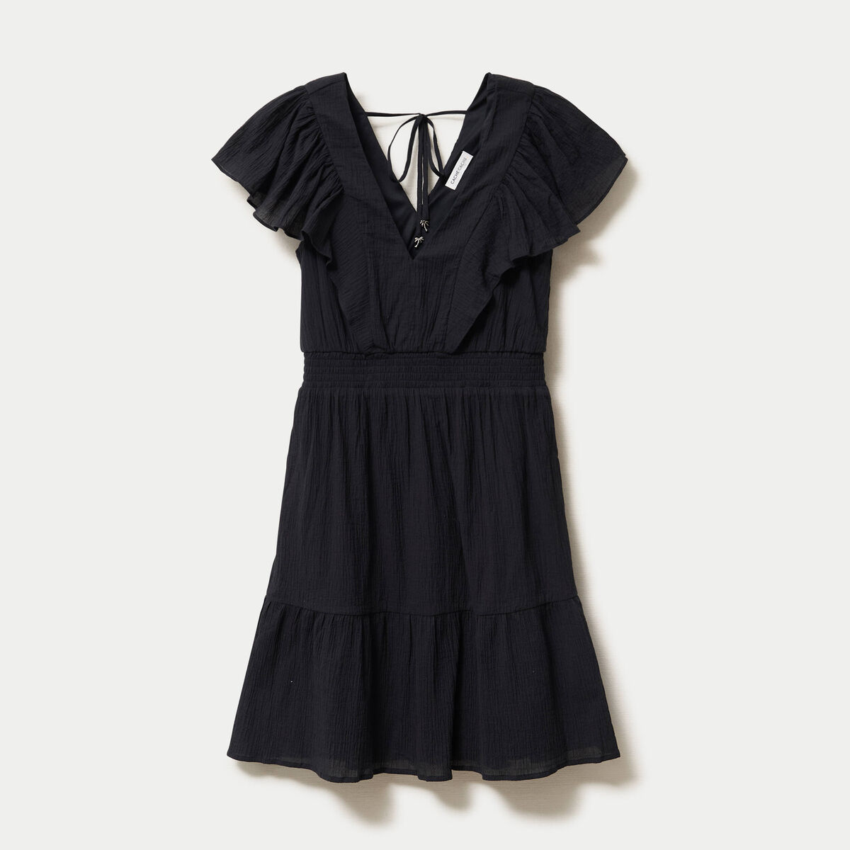 Robe courte &eacute;vas&eacute;e col v manches courtes noir femme