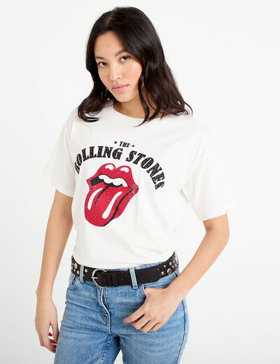 T-shirt oversize col rond rolling stones ecru femme