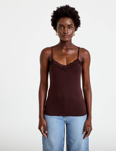 D&eacute;bardeur ajust&eacute; d&eacute;collet&eacute; dentelle marron femme