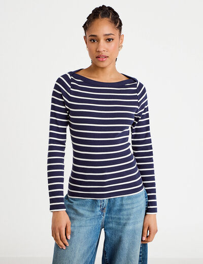 T-shirt col bateau bleu marine femme