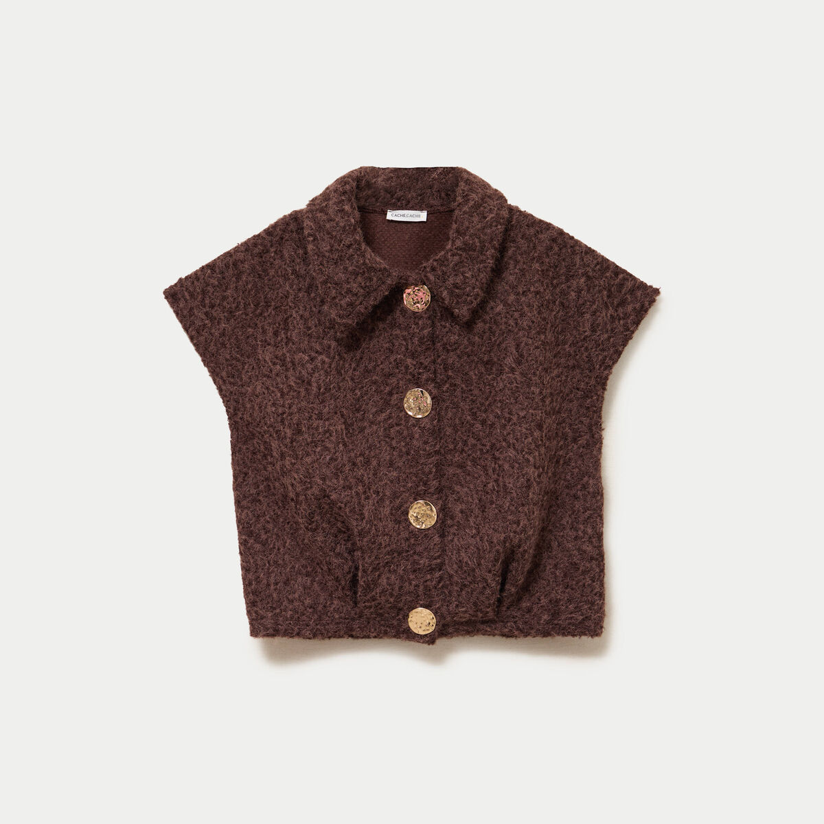 Veste sans manches bouclette col rond marron clair femme