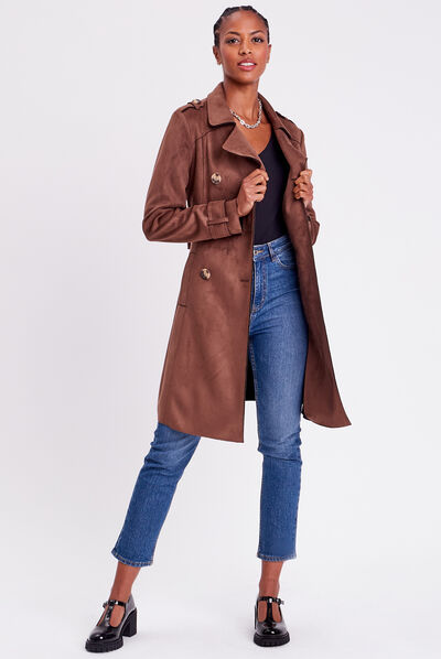 Trench long en suédine boutonné femme marron femme