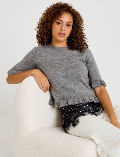 Pull col rond manches courtes gris clair femme