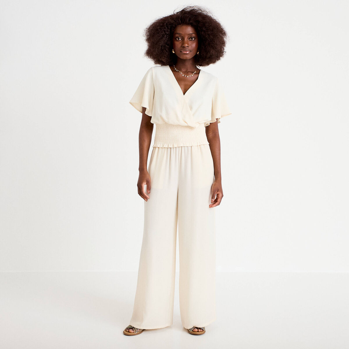 Blouse smock&eacute;e manches courtes ecru femme
