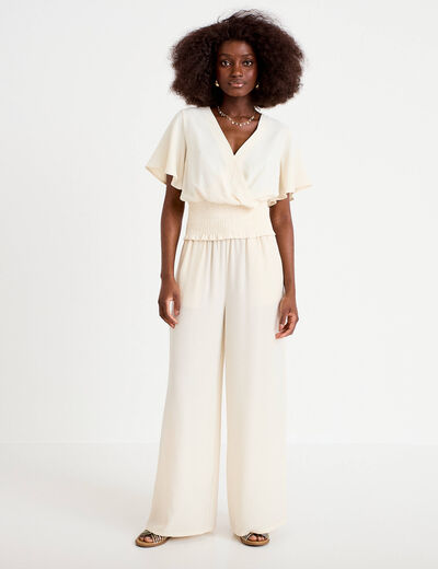Blouse smock&eacute;e manches courtes ecru femme
