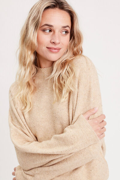 Pull manches longues sequins beige femme