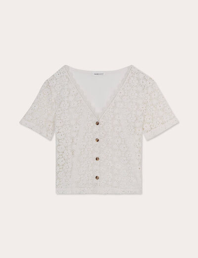 Gilet macramé boutonné ecru femme