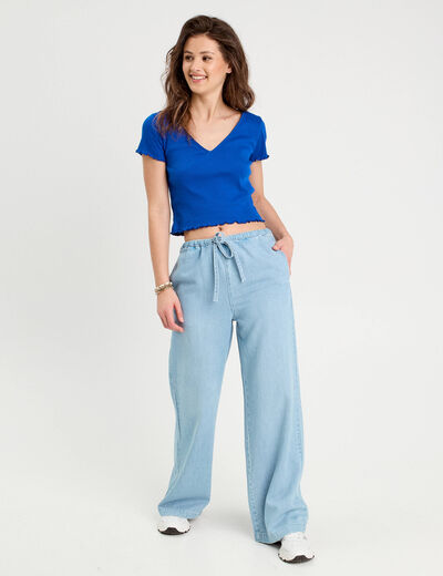 T-shirt côtelé manches courtes bleu electrique femme