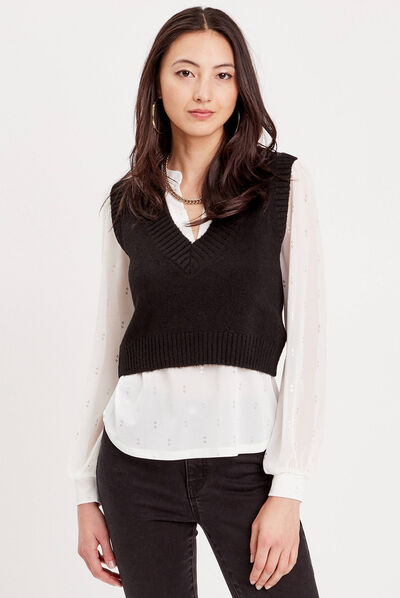Pull sans manches col en V noir femme