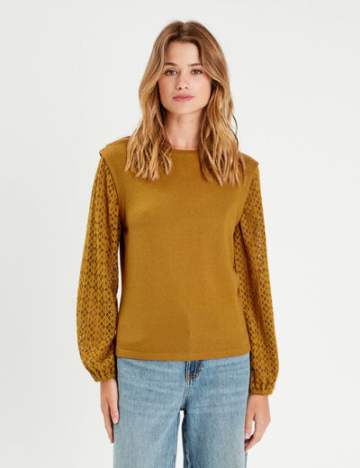 Blouse manches ajourées vert olive femme