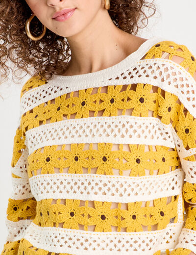 Pull ajouré effet crochet jaune citron femme