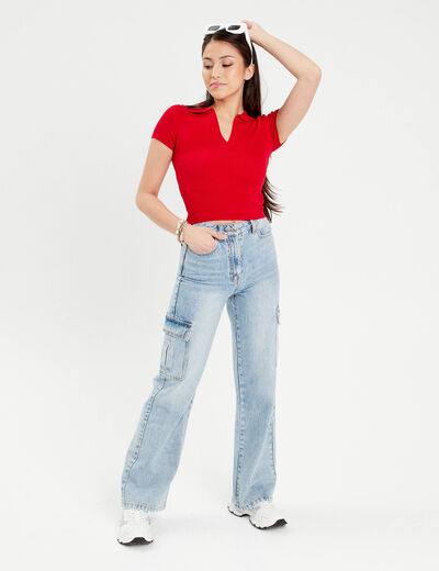 T-shirt manches courtes col polo rouge femme