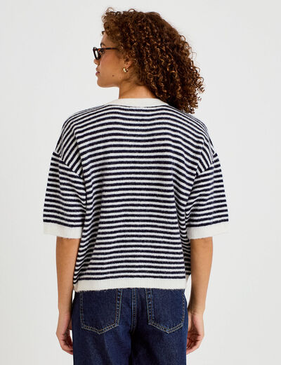 Pull ample duveteux manches courtes ecru femme