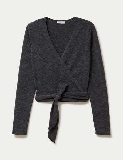 Cache-coeur droit manches longues gris fonc&eacute; femme