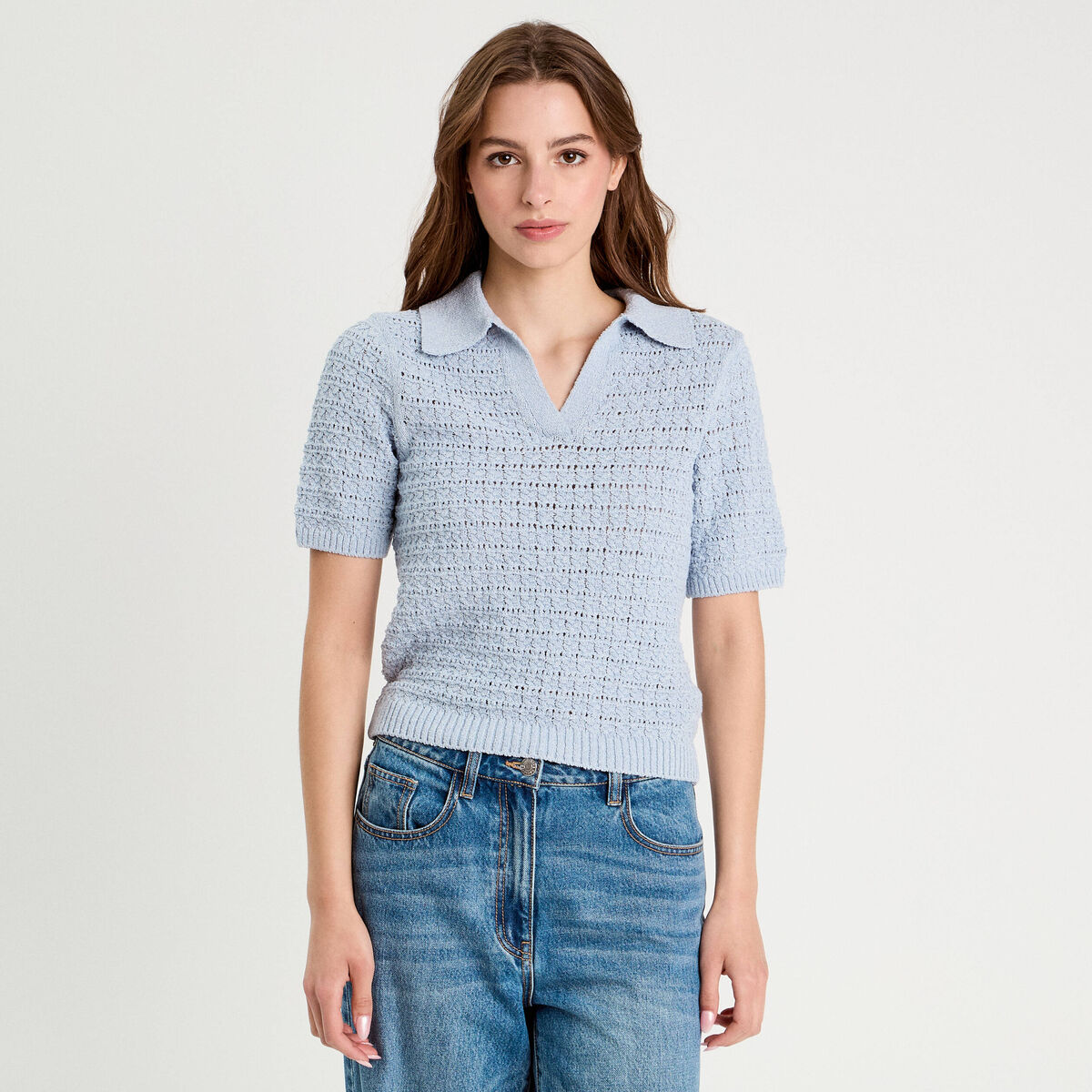 Polo manches courtes ajouré denim snow gris femme