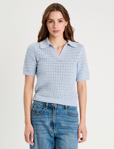 Polo manches courtes ajouré denim snow gris femme