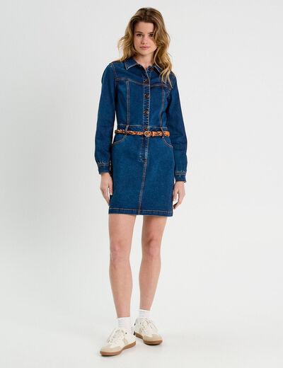 Robe droite en jean ceinturée denim brut femme