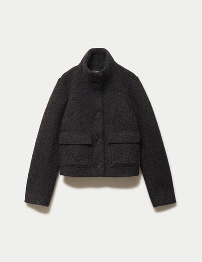 Veste droite bouclette col montant gris fonc&eacute; femme
