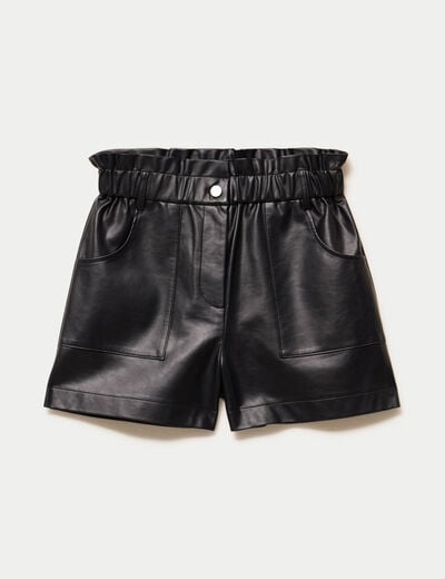 Short large taille haute en similicuir noir femme