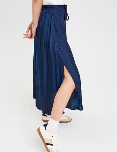 Jupe longue évasée satin bleu marine femme