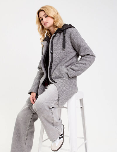 Manteau droit long &agrave; capuche gris clair femme