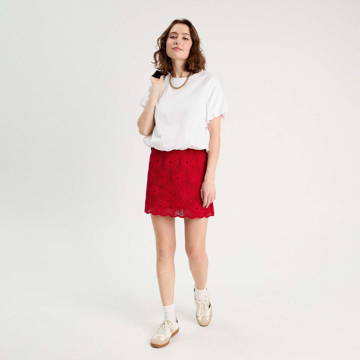 Jupe évasée effet macramé rouge femme