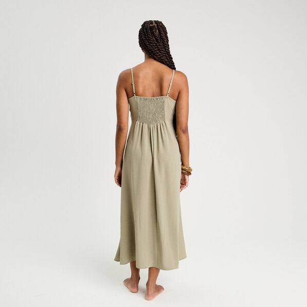 Robe longue évasée fendue vert kaki femme