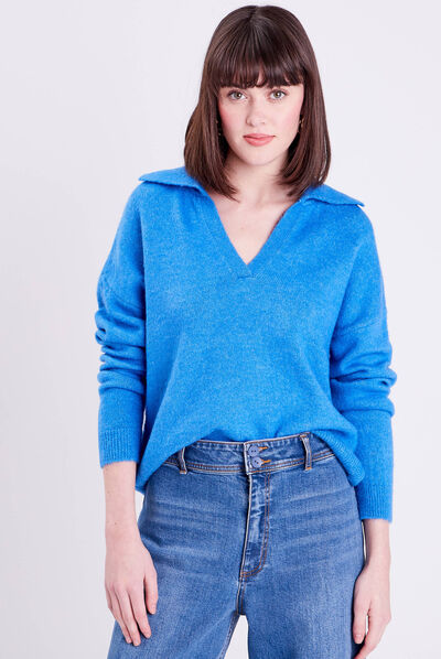 Pull avec col polo bleu femme