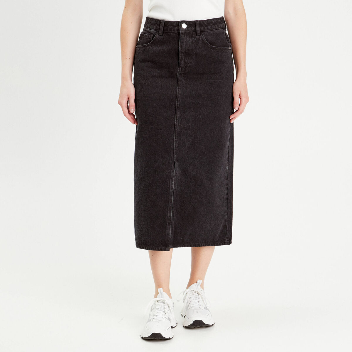 Jupe midi droite en jean noir femme