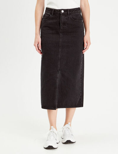 Jupe midi droite en jean noir femme