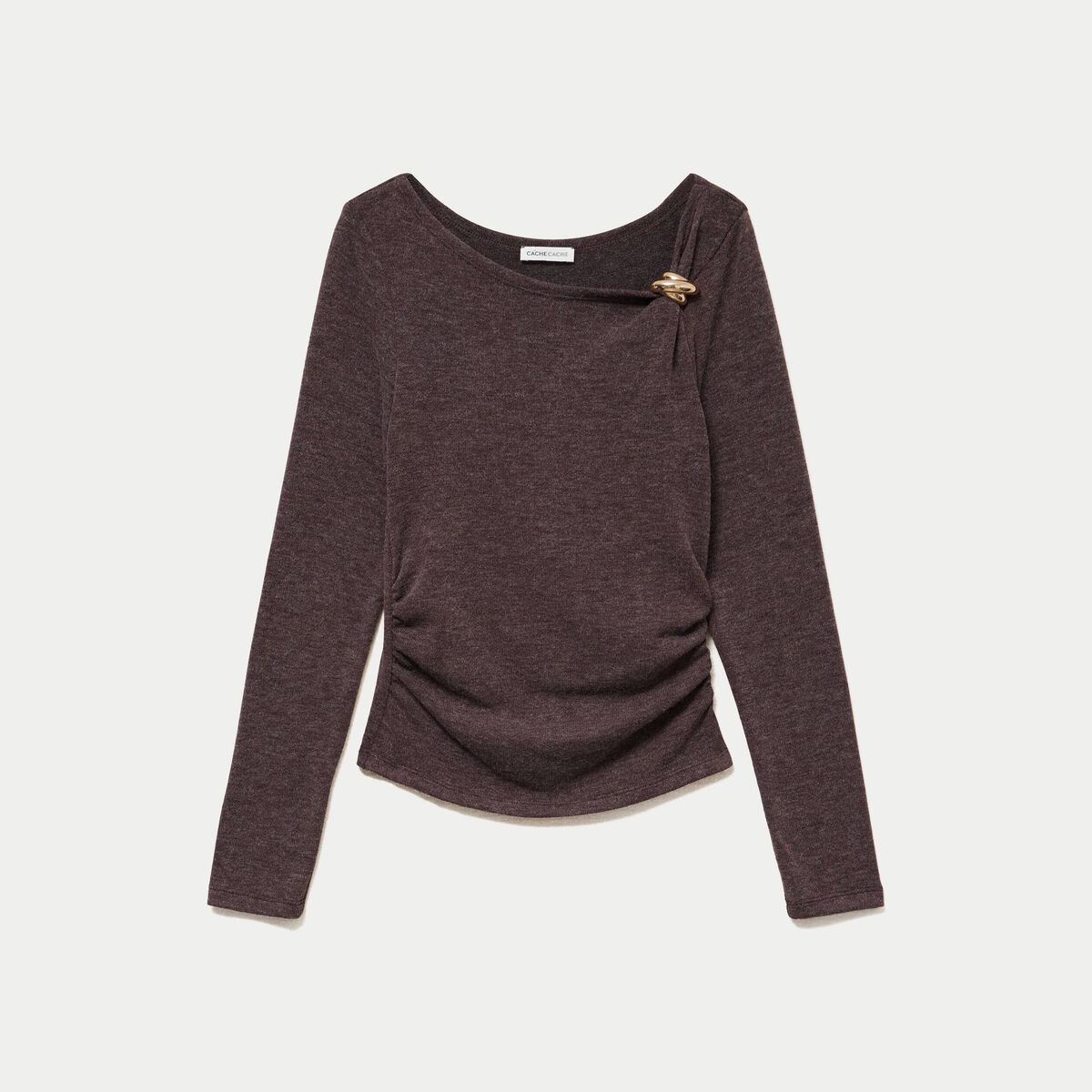 Top cintr&eacute; col bateau manches longues marron fonc&eacute; femme