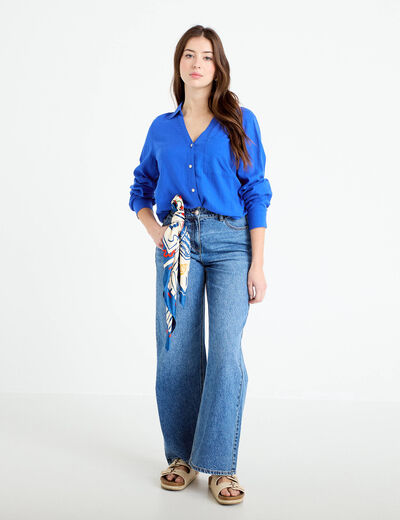 Chemise lin col V manches longues bleu electrique femme