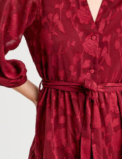 Robe chemise évasée ceinturée rouge foncé femme