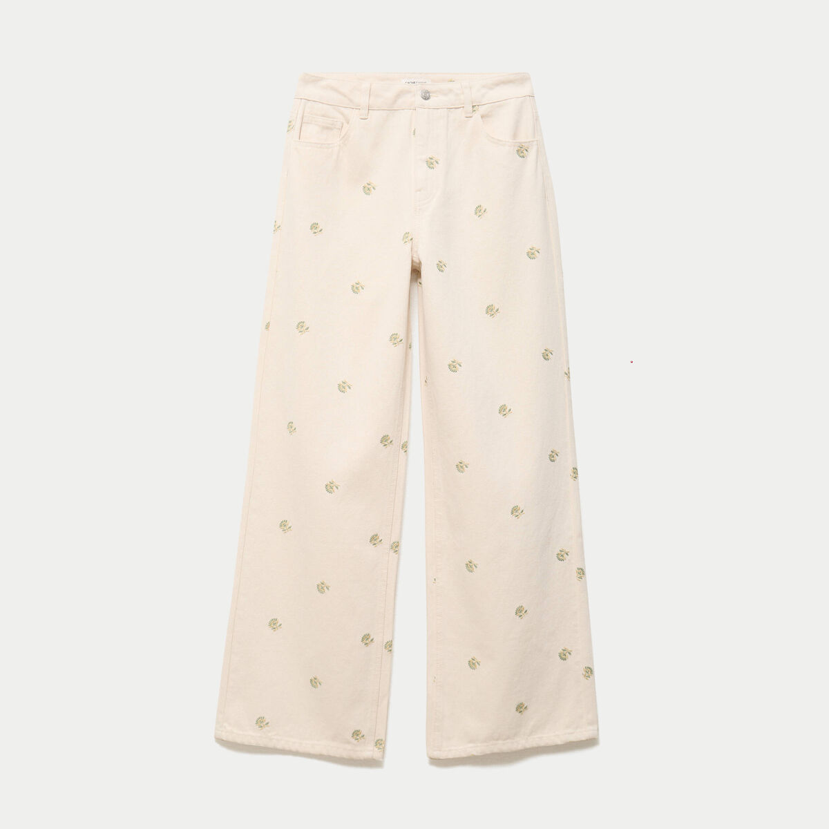 Jean wide leg taille haute brod&eacute; denim blanc femme