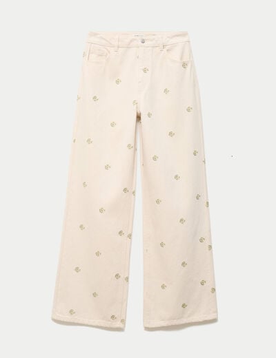 Jean wide leg taille haute brod&eacute; denim blanc femme