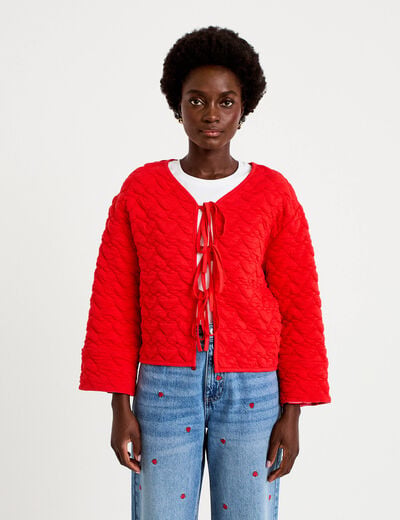 Gilet droit col v manches longues rouge femme