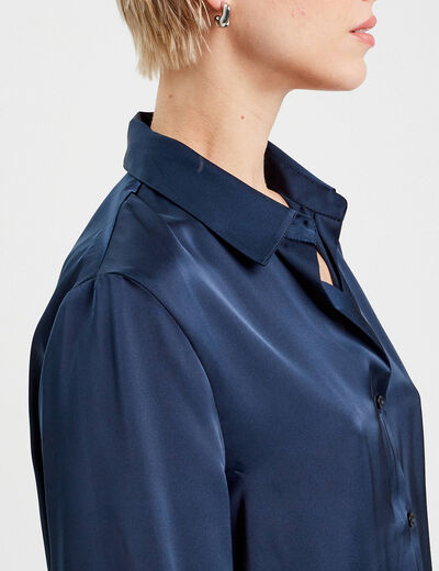 Chemise manches longues satin bleu marine femme
