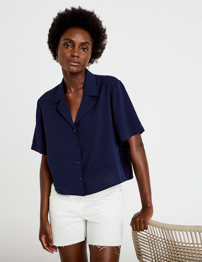 Chemise droite cropped col classique bleu marine femme