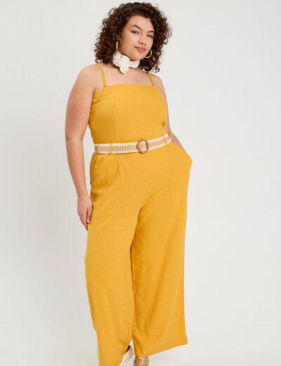 Combinaison pantalon bretelles avec lin jaune citron femme