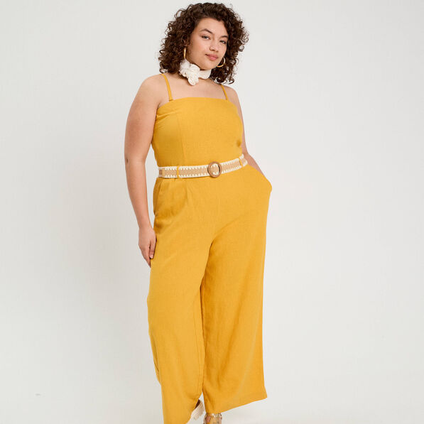 Combinaison pantalon bretelles avec lin jaune citron femme