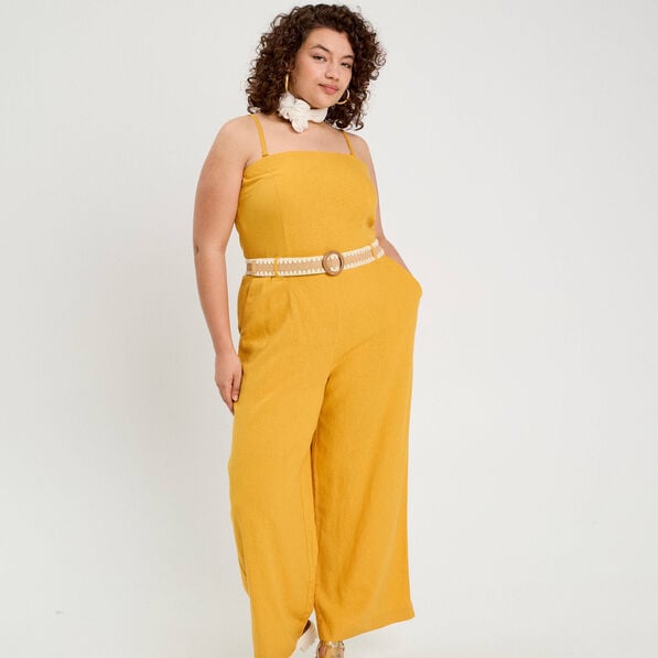 combinaison pantalon bretelles avec lin jaune citron femme Combinaison pantalon bretelles avec lin jaune citron femme
