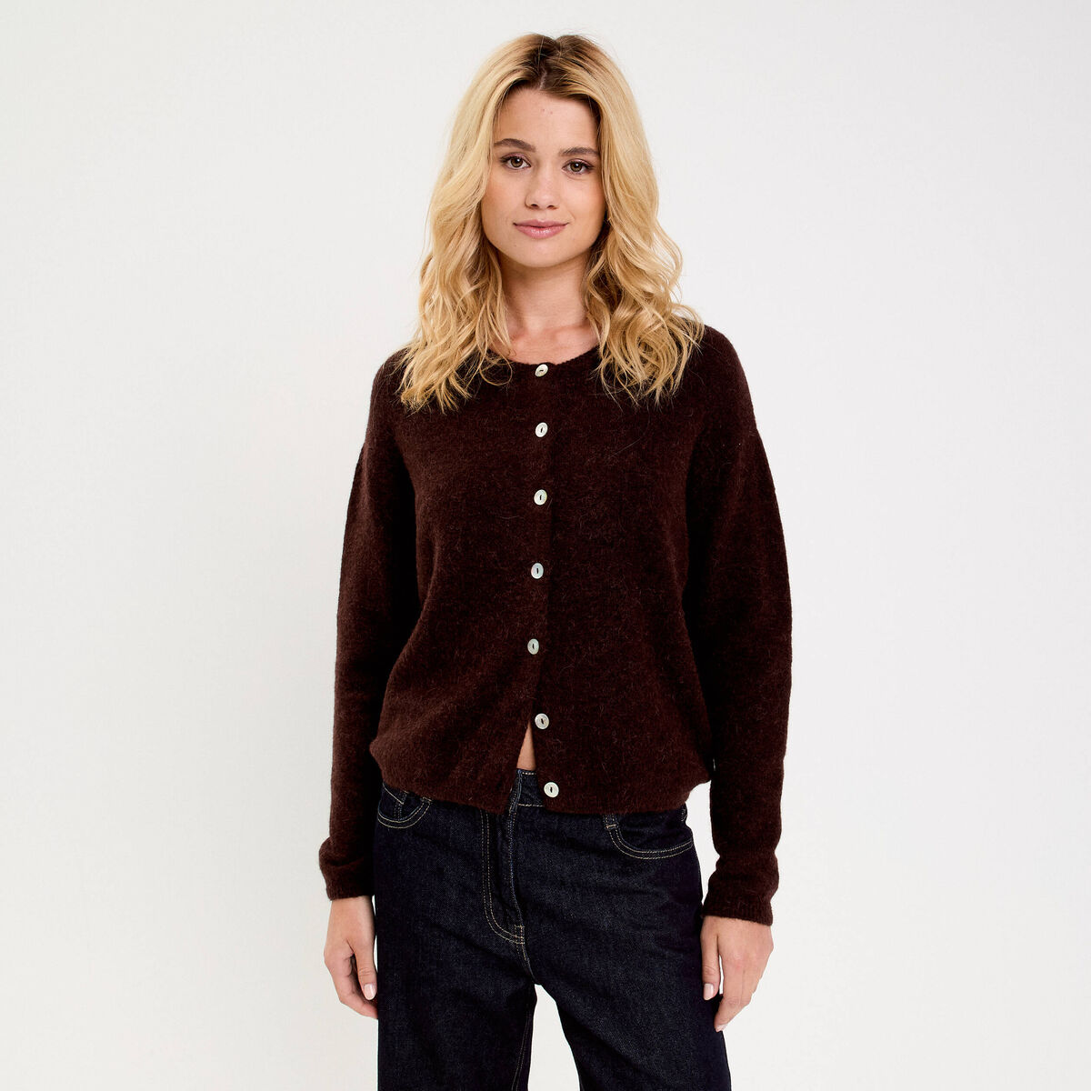 Gilet manches longues marron fonc&eacute; femme