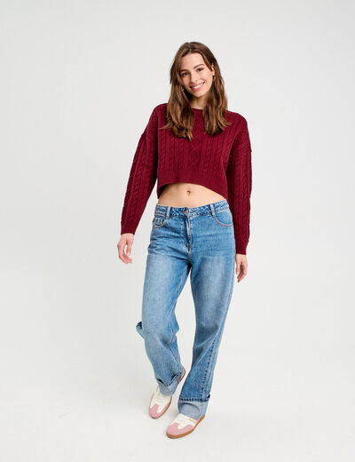 Pull avec torsades rouge foncé femme