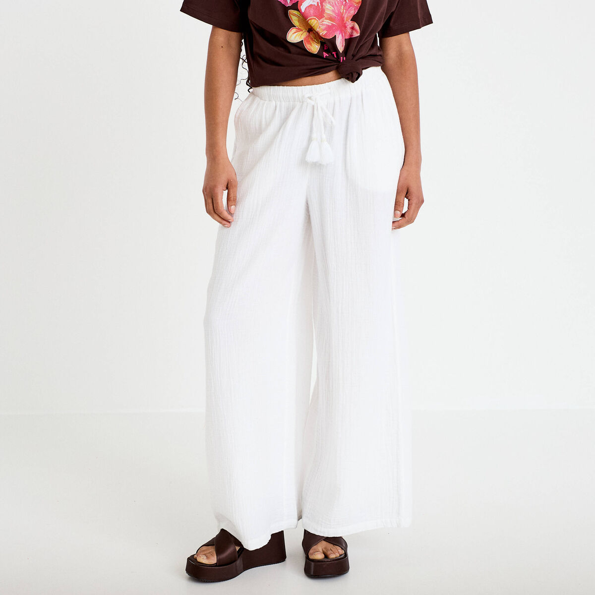Pantalon large taille standard blanc femme