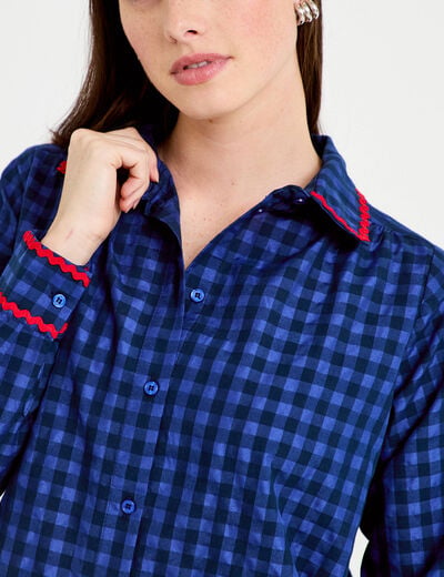 Chemise droite vichy col claudine bleu electrique femme