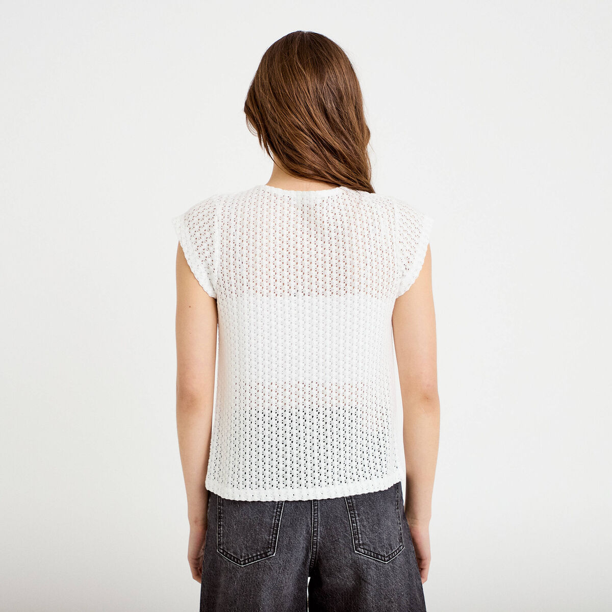 Gilet manches courtes aspect dentelle ecru femme