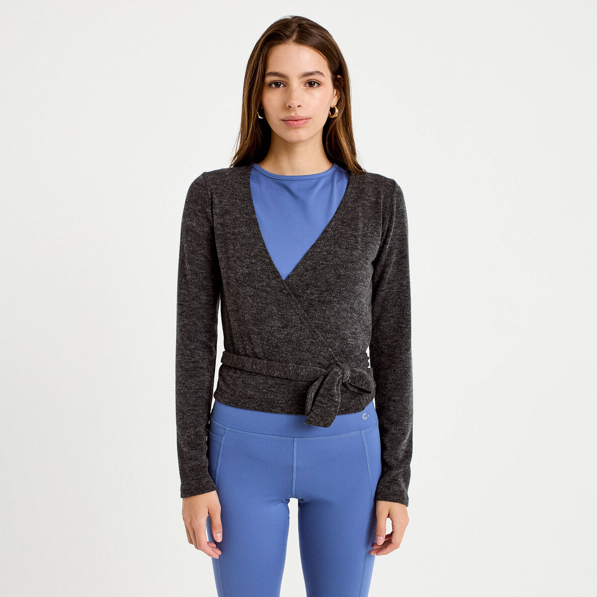 Cache-coeur droit manches longues gris fonc&eacute; femme