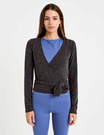 Cache-coeur droit manches longues gris fonc&eacute; femme